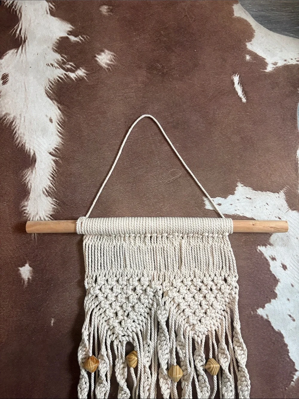 Handmade Cream Macrame Wall Hanging with Wooden Beads